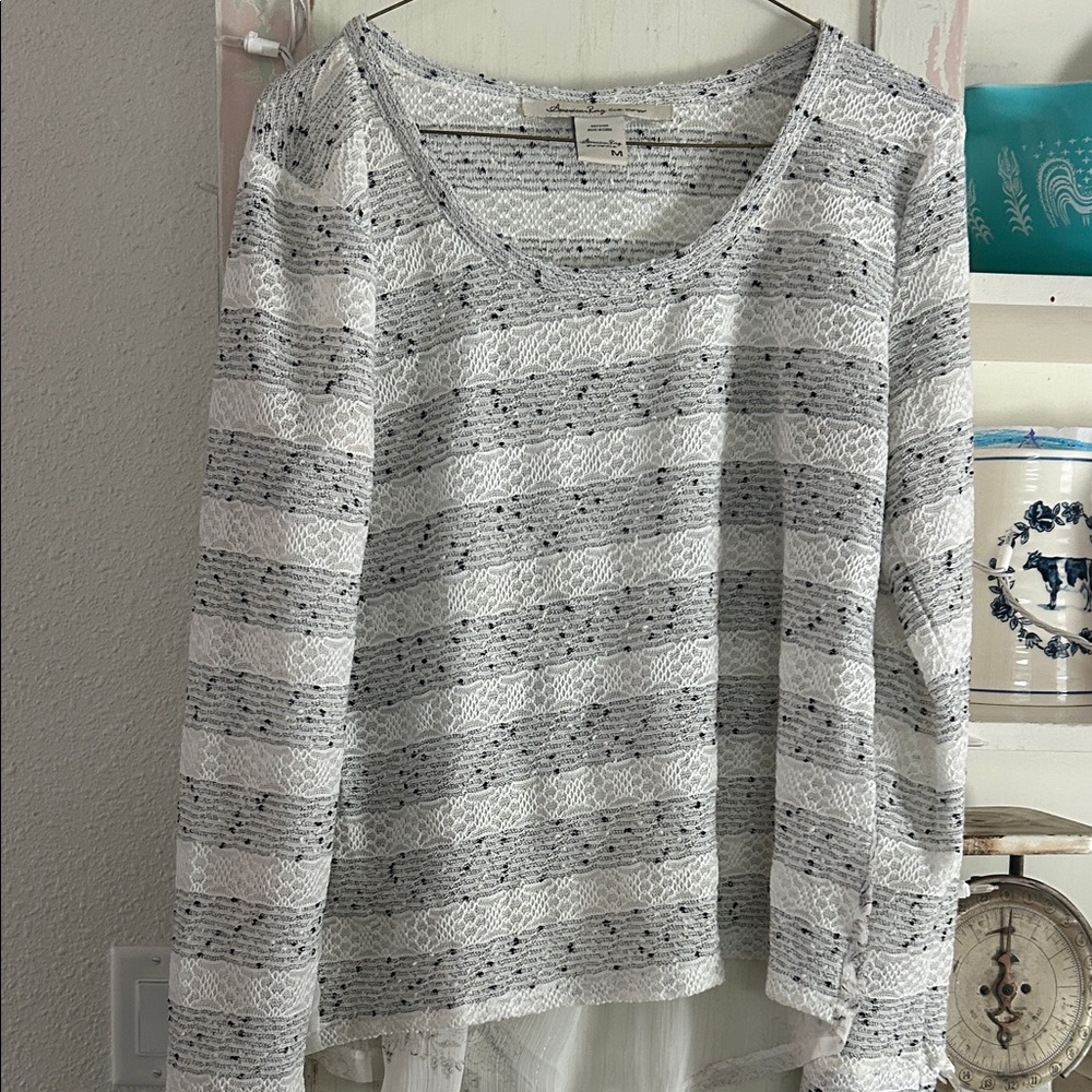 Cotton-Blend Gray & White Striped Women's Long‑Sleeve Top